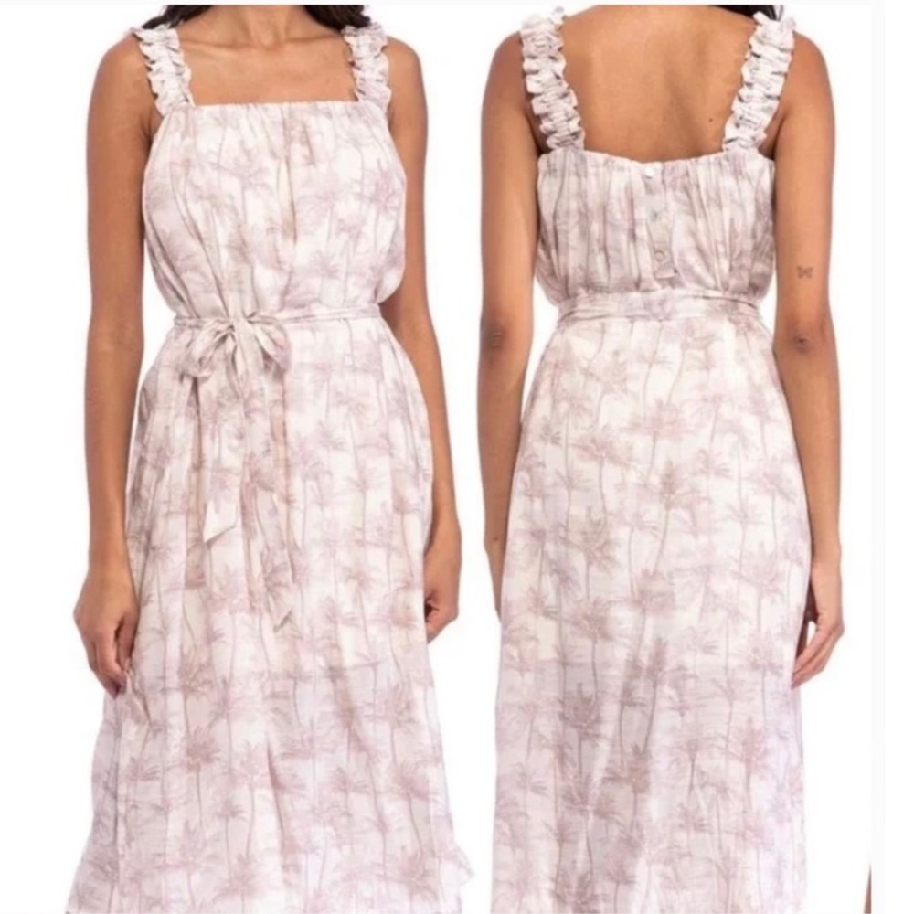 Studio B Bobeau Midi Summer Dress Tropical Ruffle Strap Waist Tie Sz L‎